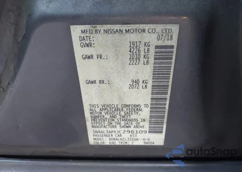 2018 Nissan Altima 2.5 Sr из США, поврежденный, VIN 1N4AL3APXJC296109